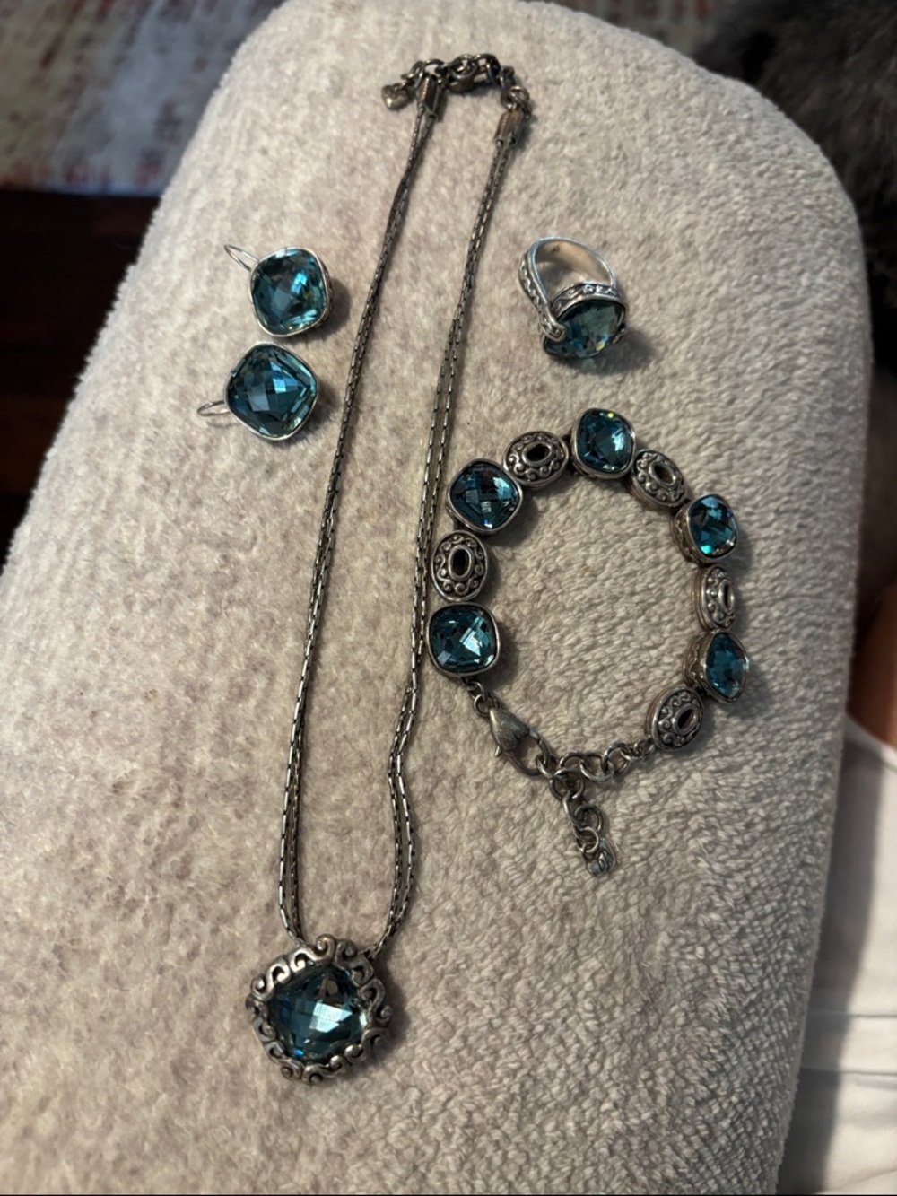 Brighton Silver Blue Crystal Jewelry Set Necklace Bracelet Ring Earrings.